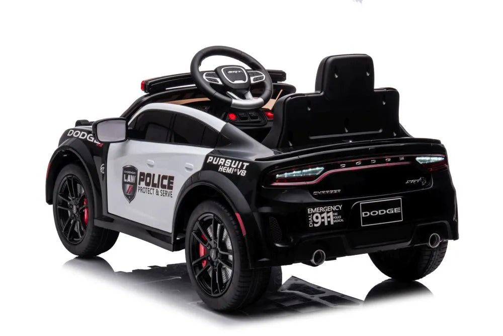 Vaikiškas akumuliatorinis automobilis Dodge Charger policijos stiliaus, baltos-juodos spalvos