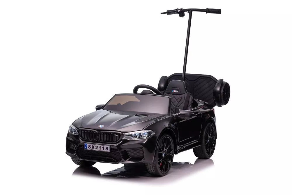 Akumuliatorinis automobilis BMW M5 su platforma tėvams, juodas lakuotas