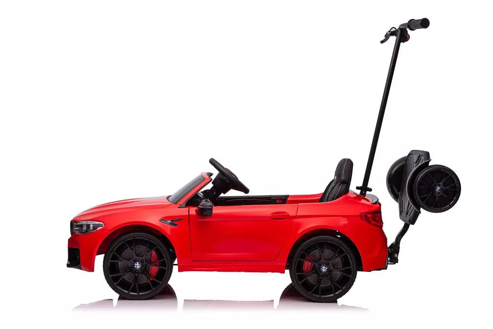 Akumuliatorinis automobilis BMW M5 su platforma tėvams, raudonas, lakuotas