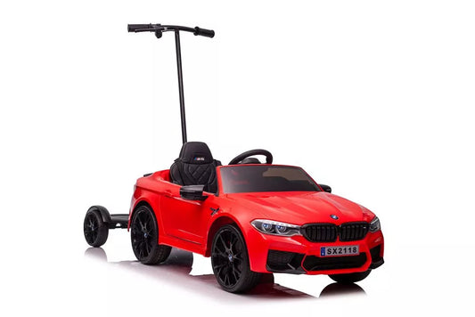 Akumuliatorinis automobilis BMW M5 su platforma tėvams, raudonas, lakuotas