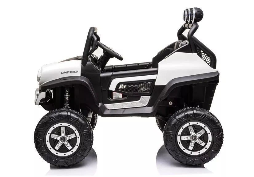 Akumuliatorinis automobilis Mercedes Unimog S su LED žibintais, baltas