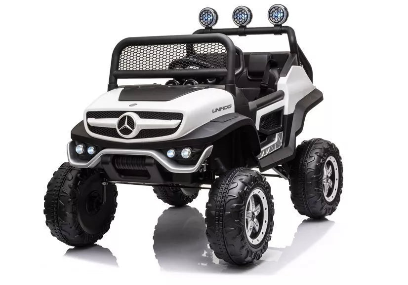 Akumuliatorinis automobilis Mercedes Unimog S su LED žibintais, baltas