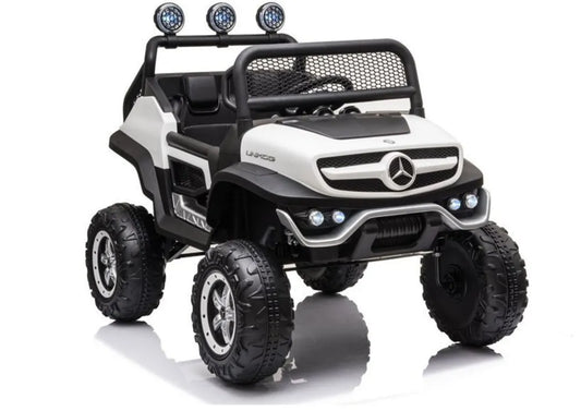 Akumuliatorinis automobilis Mercedes Unimog S su LED žibintais, baltas