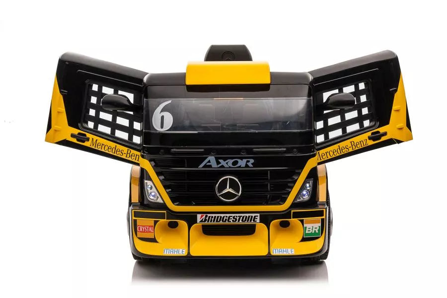 Akumuliatorinis sunkvežimis Mercedes XMX622B su puspriekabe, geltonas, LCD