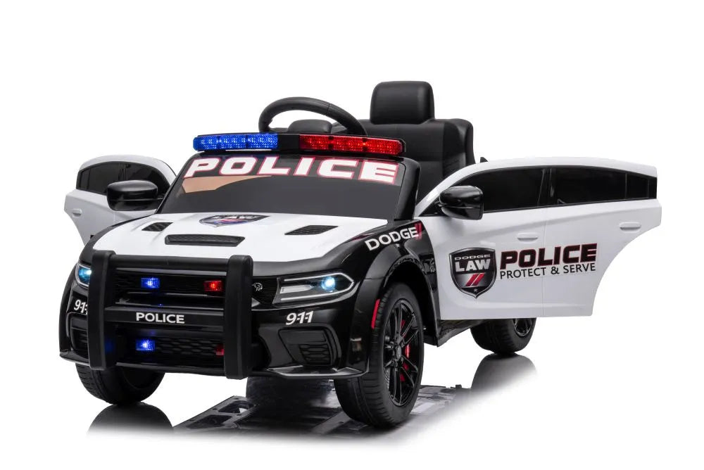 Vaikiškas akumuliatorinis automobilis Dodge Charger policijos stiliaus, baltos-juodos spalvos