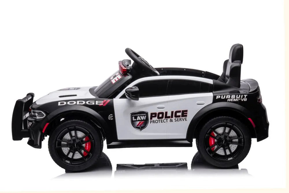 Vaikiškas akumuliatorinis automobilis Dodge Charger policijos stiliaus, baltos-juodos spalvos