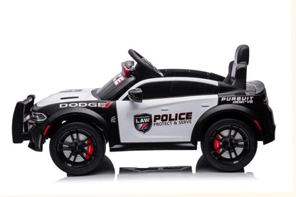 Vaikiškas akumuliatorinis automobilis Dodge Charger policijos stiliaus, baltos-juodos spalvos