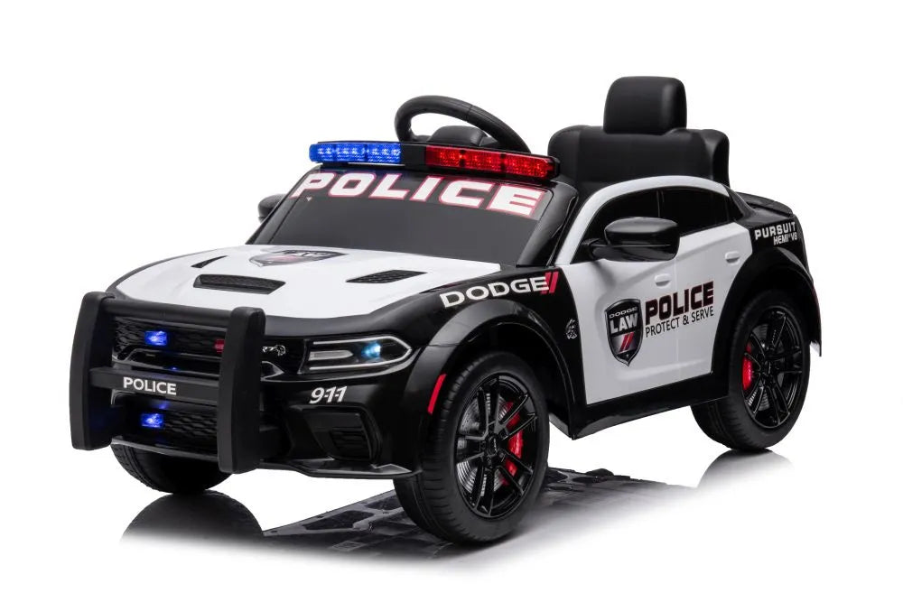 Vaikiškas akumuliatorinis automobilis Dodge Charger policijos stiliaus, baltos-juodos spalvos