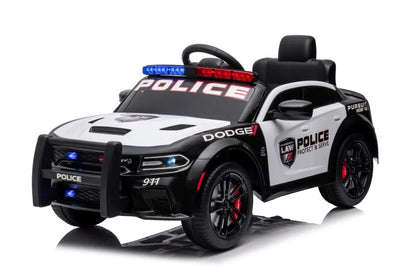 Vaikiškas akumuliatorinis automobilis Dodge Charger policijos stiliaus, baltos-juodos spalvos