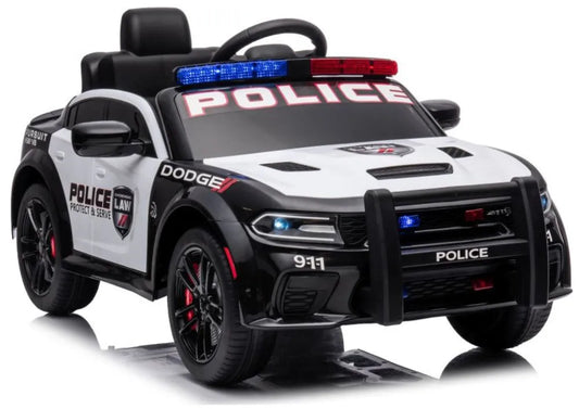 Vaikiškas akumuliatorinis automobilis Dodge Charger policijos stiliaus, baltos-juodos spalvos